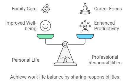 A balance scale represents the equilibrium between personal life (family care, improved well-being) and professional responsibilities (career focus, enhanced productivity), demonstrating how sharing responsibilities can help achieve work-life balance.
