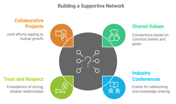 A diagram outlines four key factors in building a supportive network: collaborative projects, shared values, trust and respect, and industry conferences, emphasizing mutual growth, strong relationships, and knowledge sharing.
